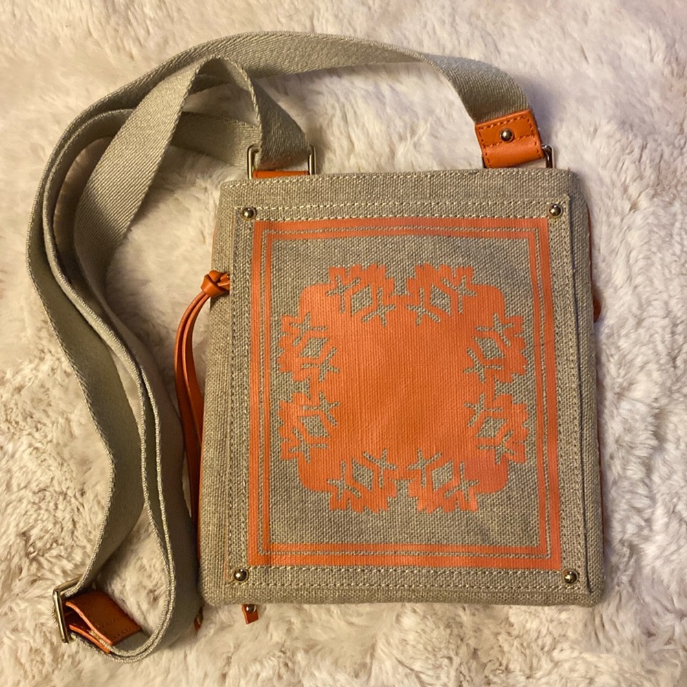 NWOT FOLLI FOLLIE Orange and Tan Leather & Canvas Crossbody Purse NEW